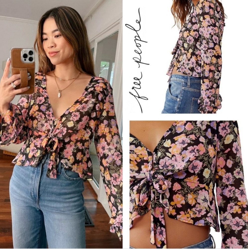 Free People Maybel Floral Tie-Front Peplum Blouse - Pink and Black Combo NWOT